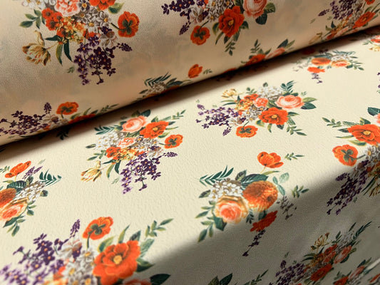 Chirimen woven crepe dress fabric, per metre - flower bouquet print - cream