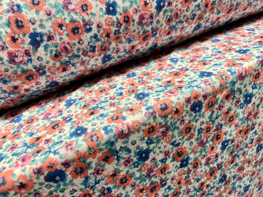 Soft handle single jersey fabric, per metre - small flower ditsy print - pink & blue