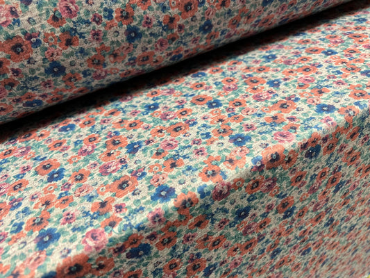 Soft handle loopback stretch spandex jersey fabric, per metre - small flower ditsy print - pink & blue on grey marl