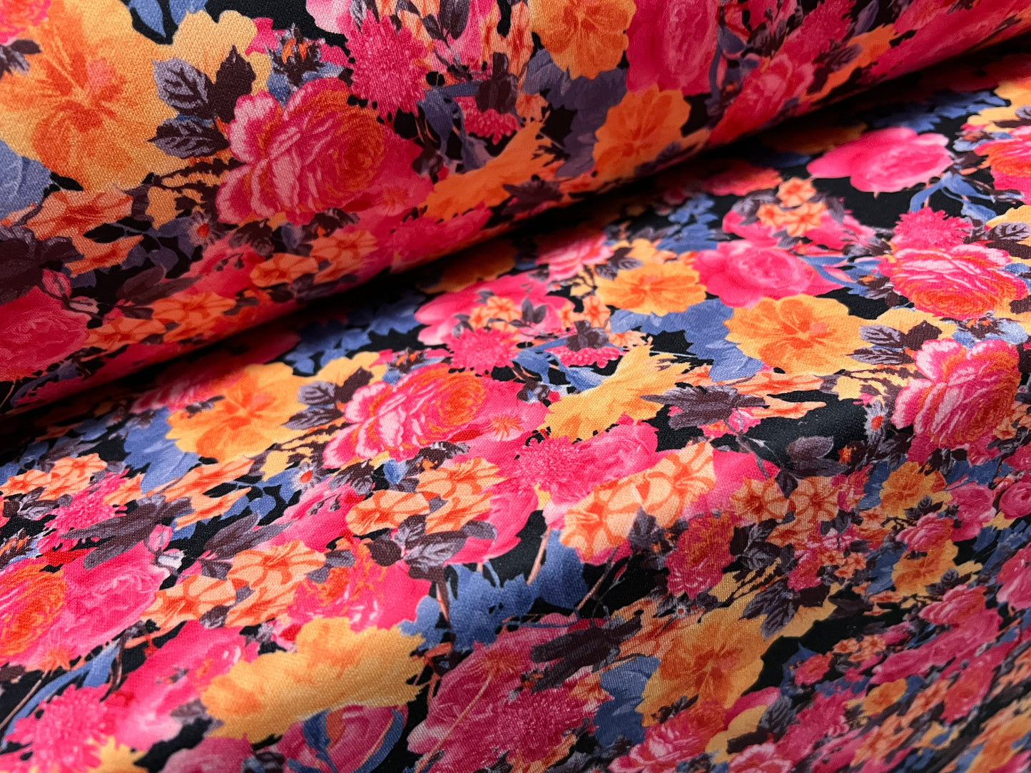 Scuba neoprene style double jersey stretch spandex fabric, per metre - colourful rose flower print - pink blue & orange