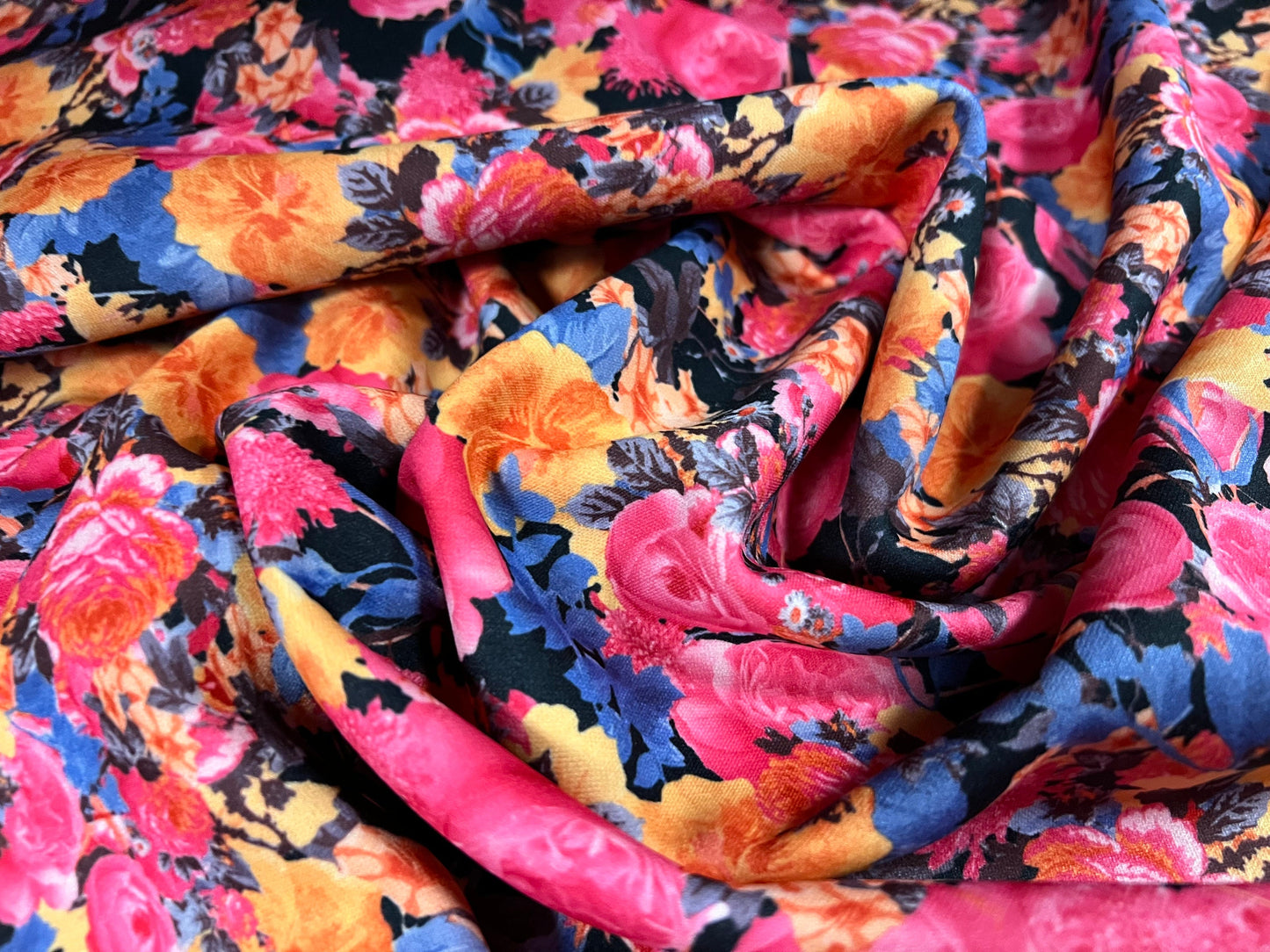 Scuba neoprene style double jersey stretch spandex fabric, per metre - colourful rose flower print - pink blue & orange