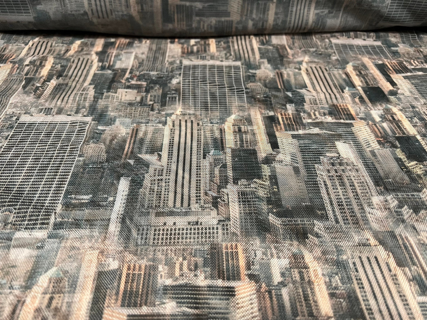 Power mesh net stretch fabric, per metre - Manhattan New York skyscraper print - grey & nude