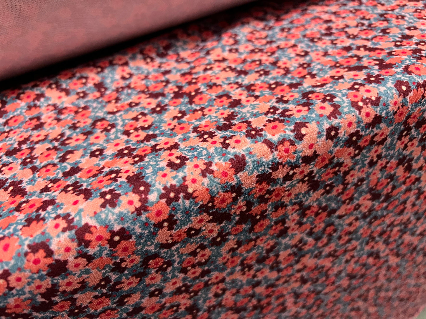 Scuba crepe stretch spandex double jersey fabric, per metre - ditsy flower print - pink burgundy blue
