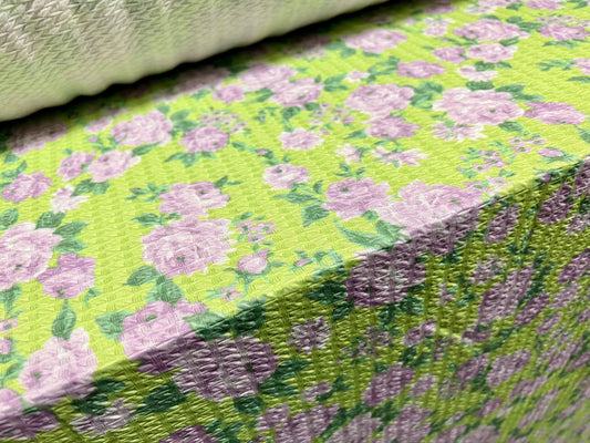 Jacquard jersey stretch spandex dress fabric, per metre - green with lilac flower print