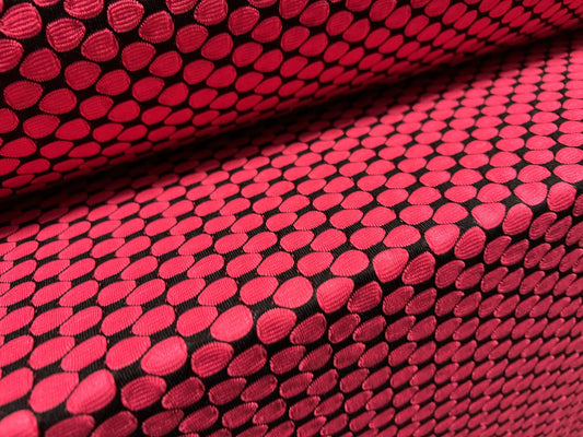 Jacquard stretch jersey fabric, per metre - circles geometric design - cerise & black