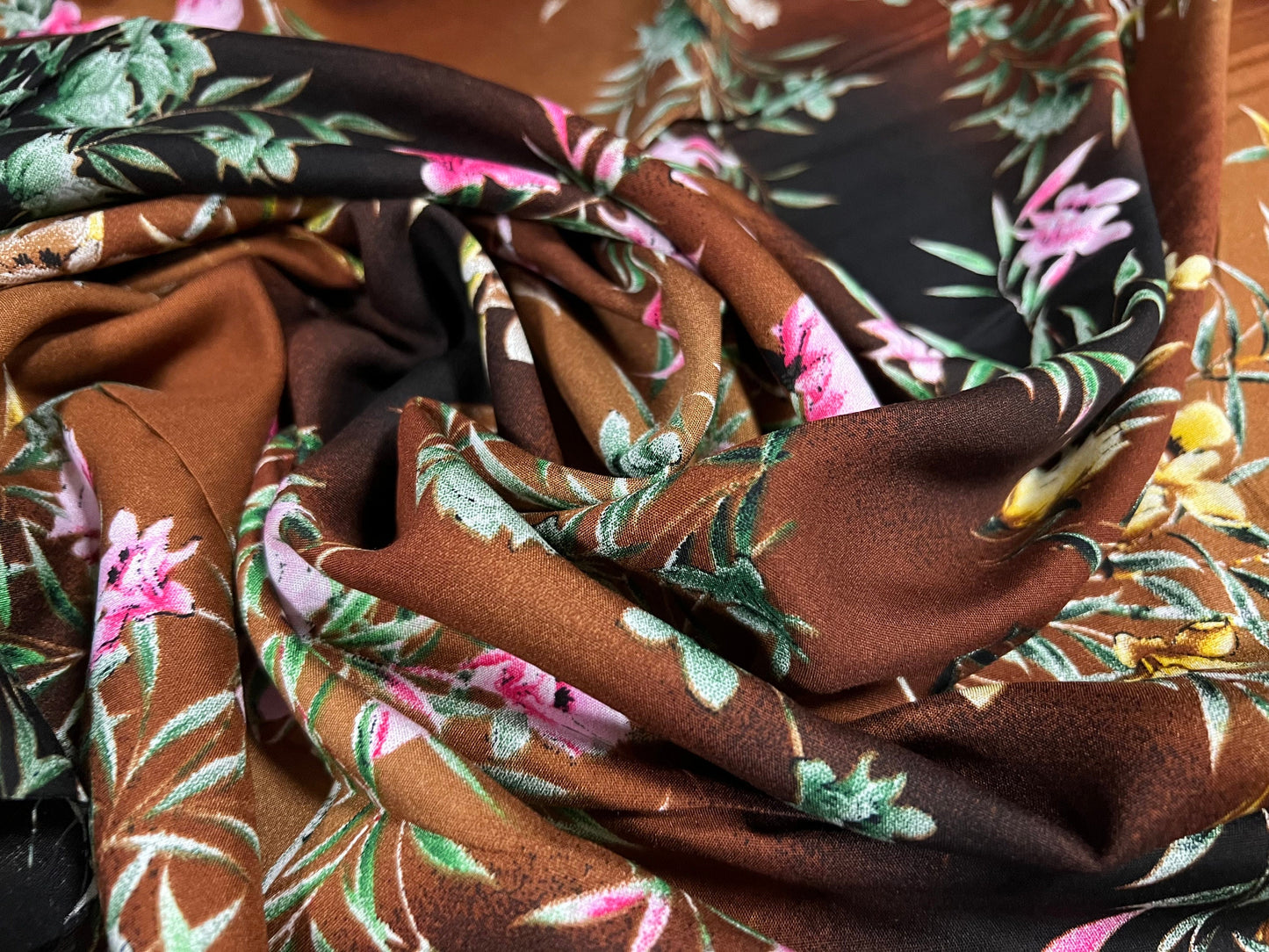 Soft woven viscose dress fabric, per metre - floral print - chocolate brown & pink