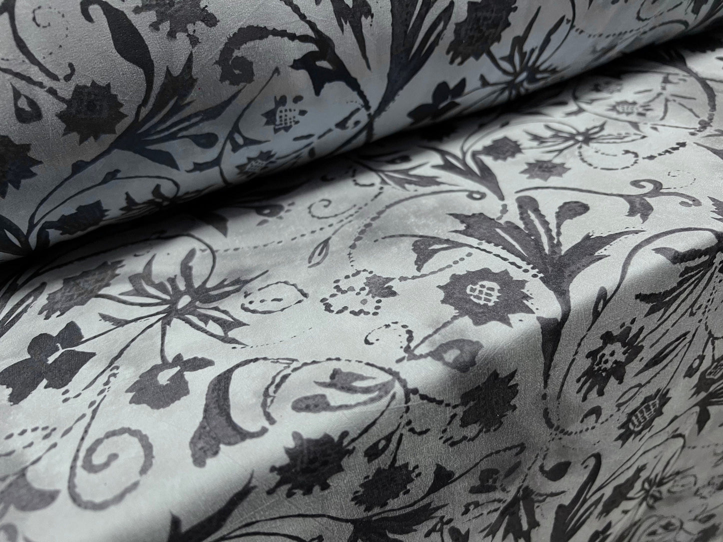 Pongee woven dress fabric, per metre - floral flower print - blue & grey