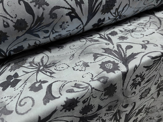 Pongee woven dress fabric, per metre - floral flower print - blue & grey