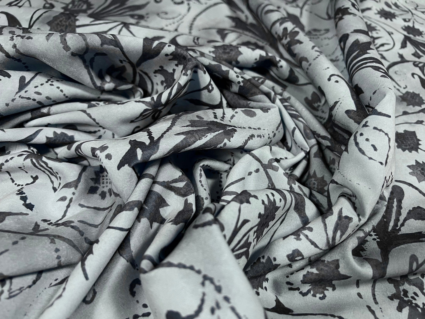 Pongee woven dress fabric, per metre - floral flower print - blue & grey