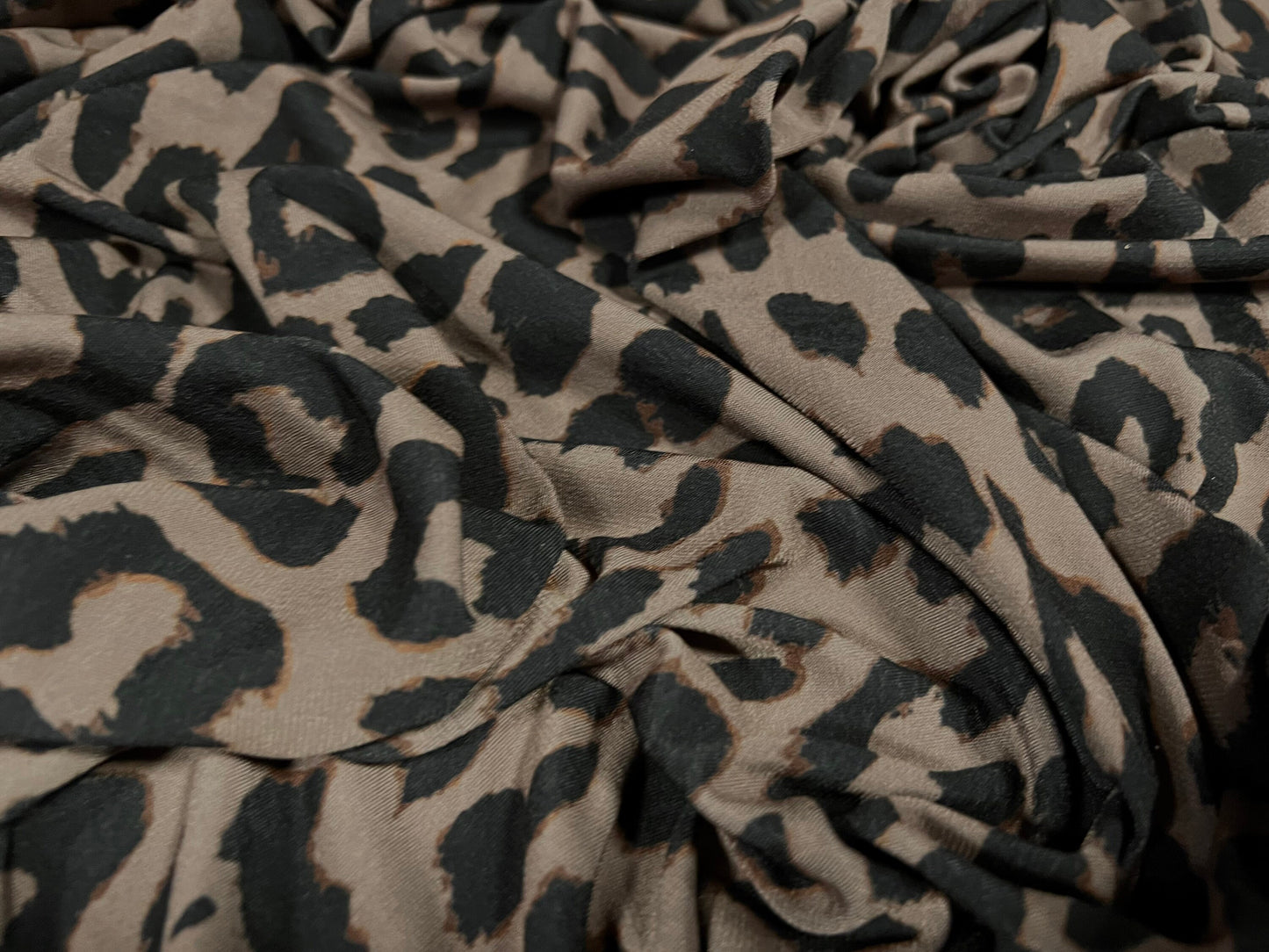 Soft touch stretch spandex jersey fabric, per metre - cheetah animal print - taupe & black