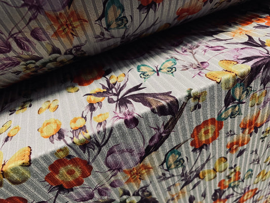Spandex stretch rib jersey fabric, per metre - butterflies & flowers print - grey orange lilac