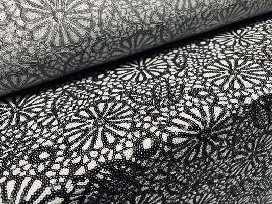 Couture designer fabric, per metre - sequin flowers design - dark grey & white