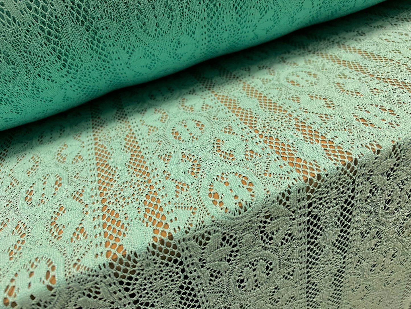 Soft handle crochet lace knit fabric, per metre - mint green