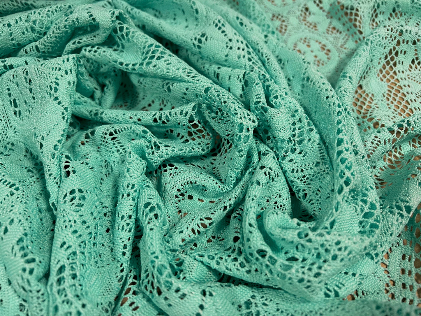 Soft handle crochet lace knit fabric, per metre - mint green