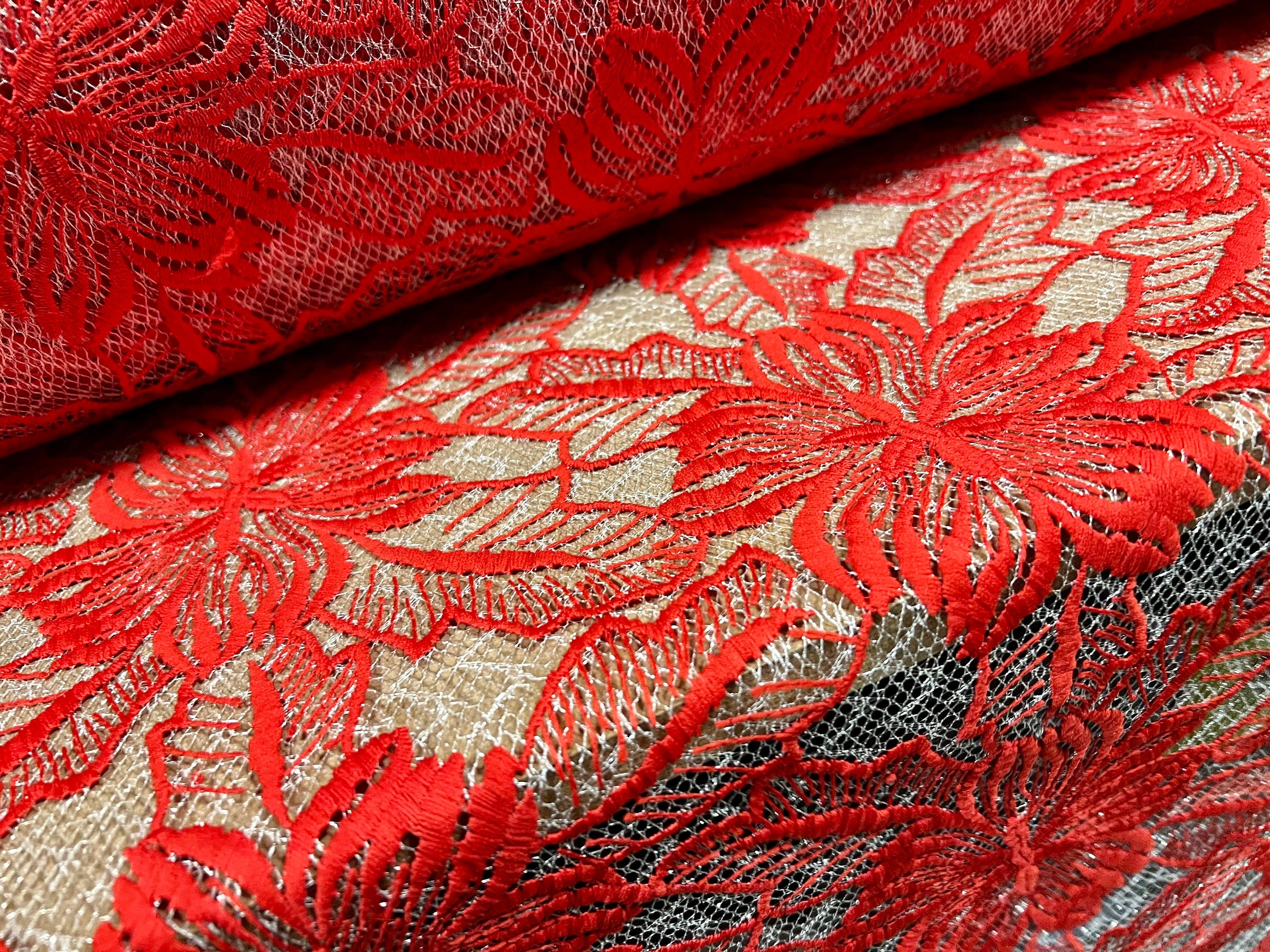 Red embroidered shop lace fabric