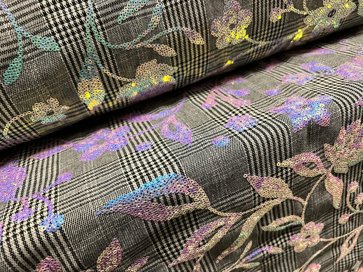 Cotton rich woven dress fabric, per metre - Prince of Wales check with 2 tone sequin floral design - lilac