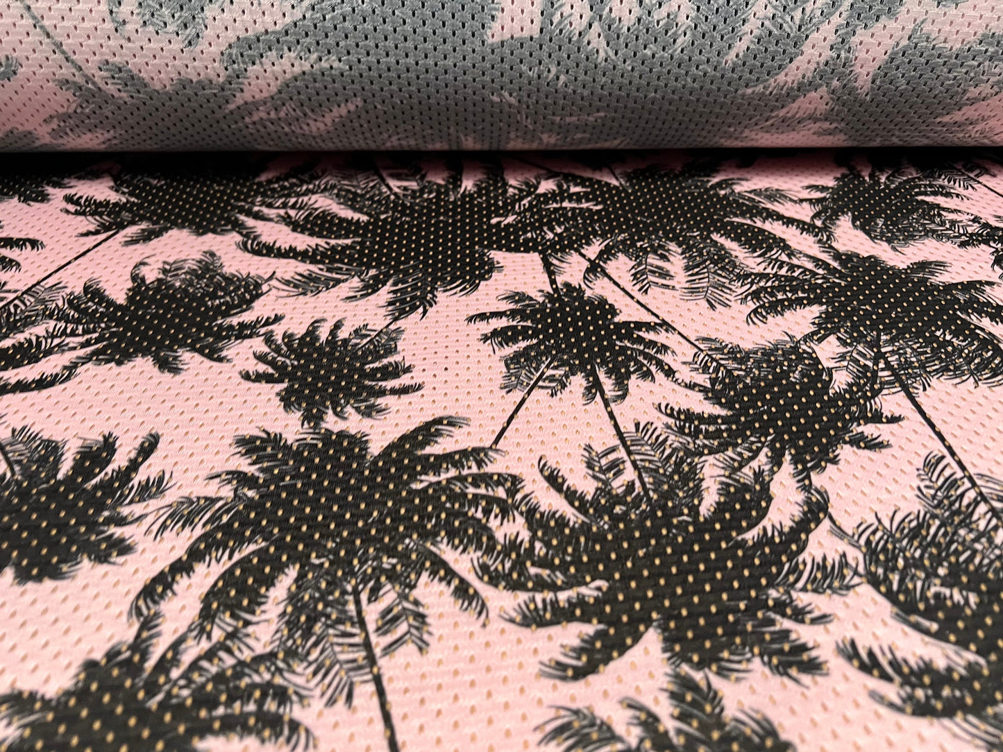 Airtex mesh fishnet fabric, per metre - Hawaiian palm trees print - pink & black