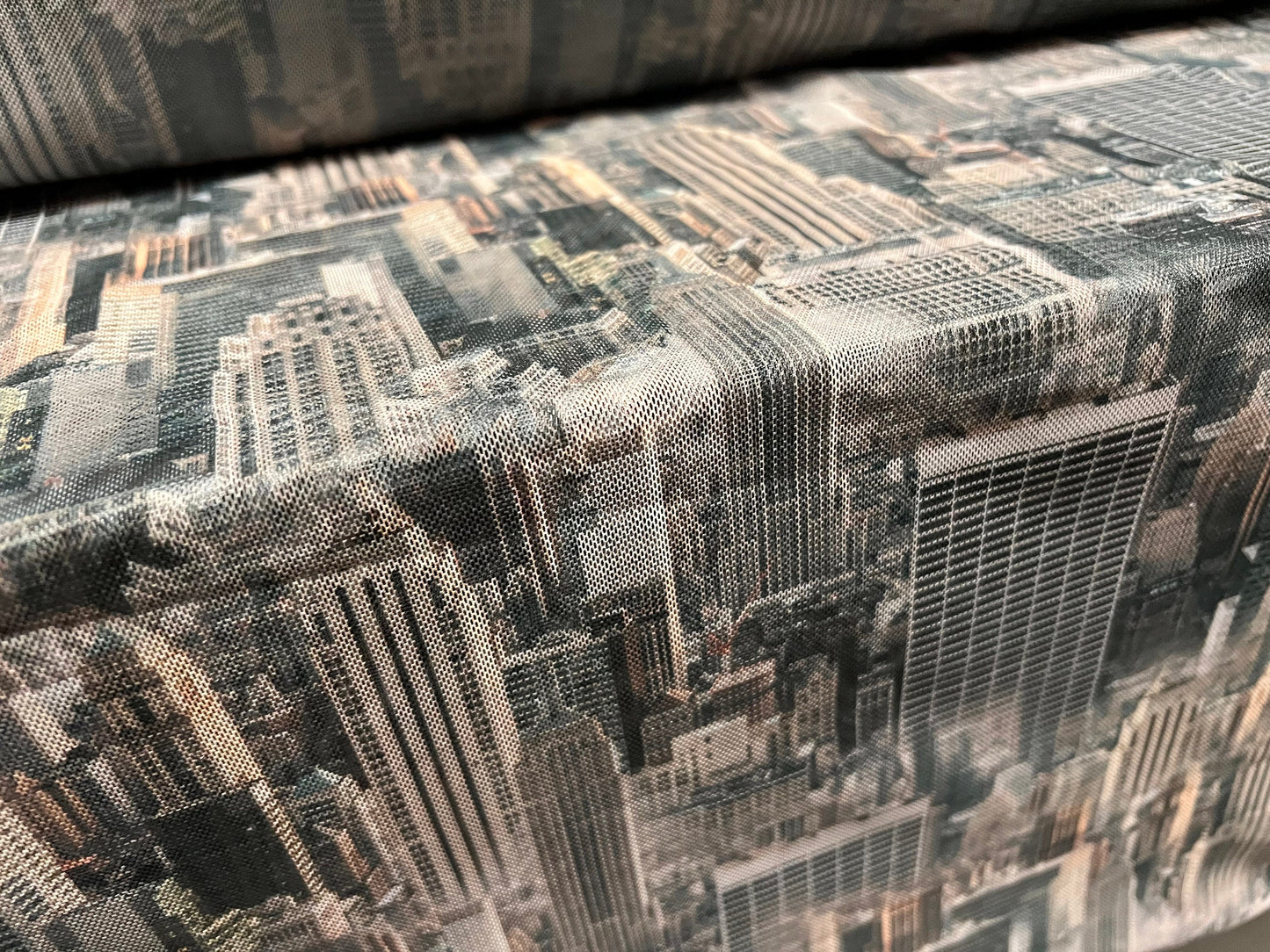 Power mesh net stretch fabric, per metre - Manhattan New York skyscraper print - grey & nude
