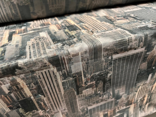 Power mesh net stretch fabric, per metre - Manhattan New York skyscraper print - grey & nude