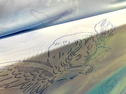 Power mesh net stretch spandex fabric, per metre - angels and butterflies print - lilac & turquoise