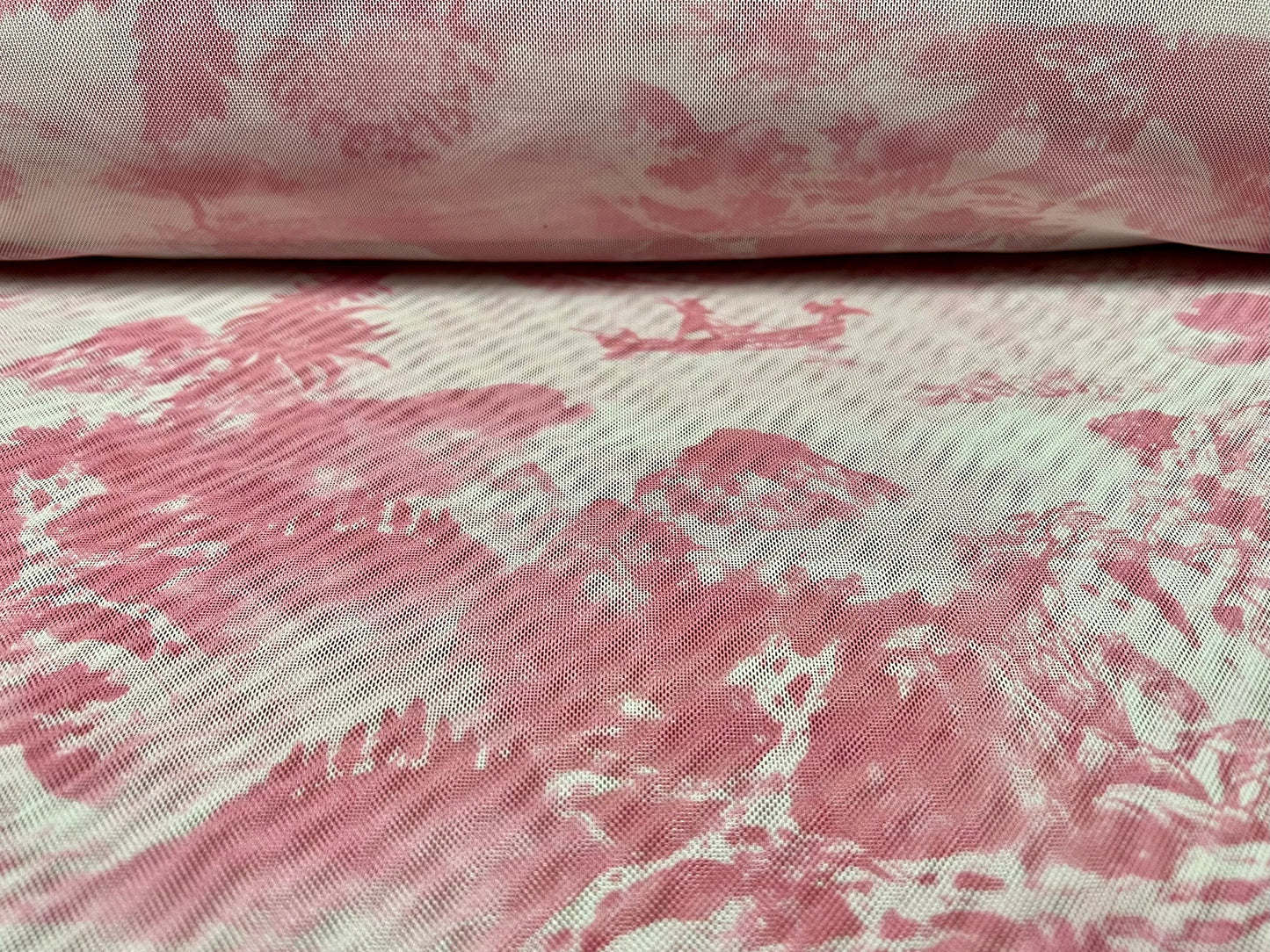 Power mesh net stretch spandex fabric, per metre - Oriental dragon and pagoda print - blush pink