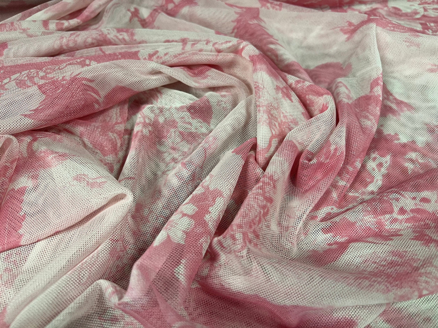 Power mesh net stretch spandex fabric, per metre - Oriental dragon and pagoda print - blush pink