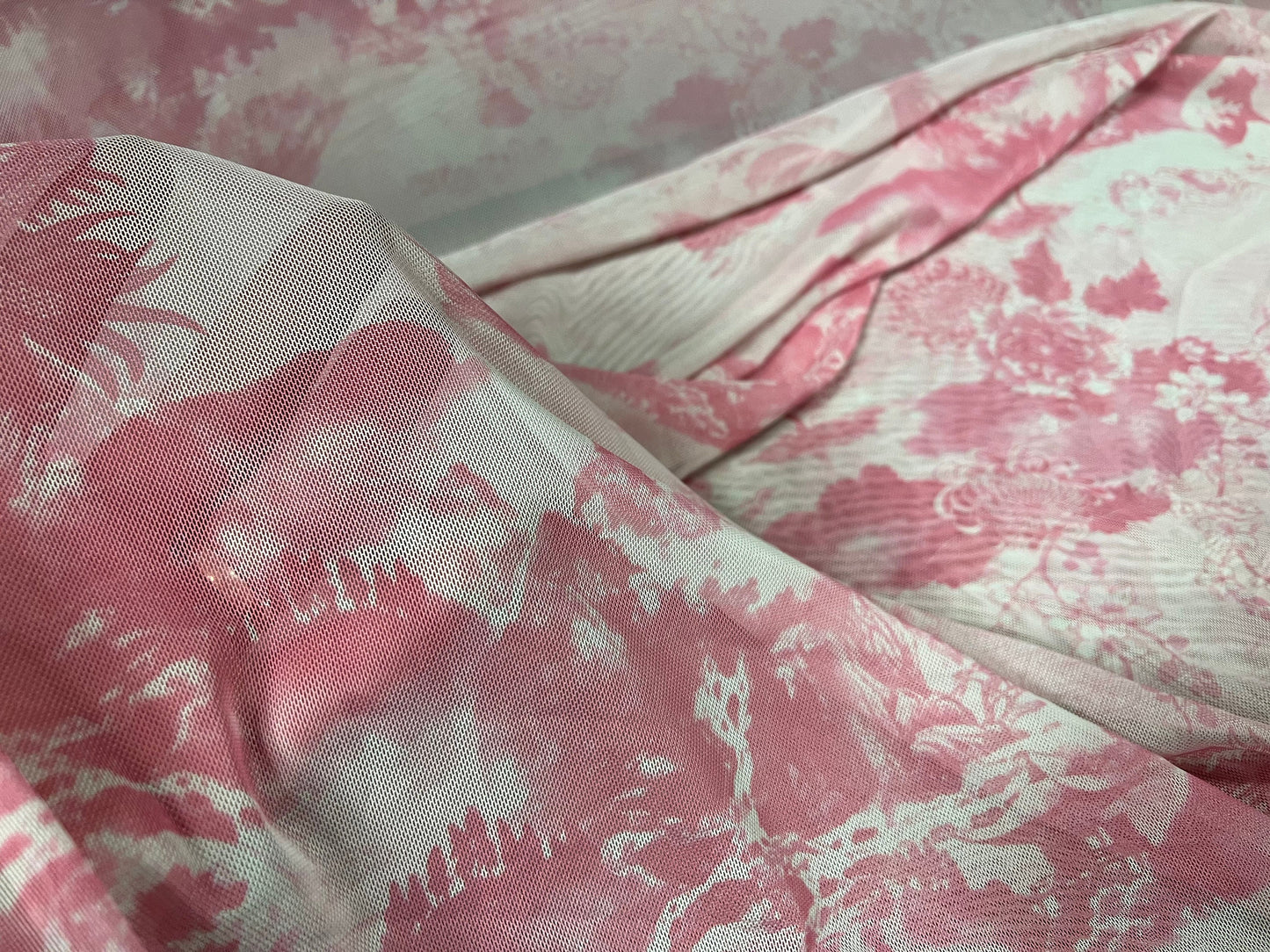 Power mesh net stretch spandex fabric, per metre - Oriental dragon and pagoda print - blush pink