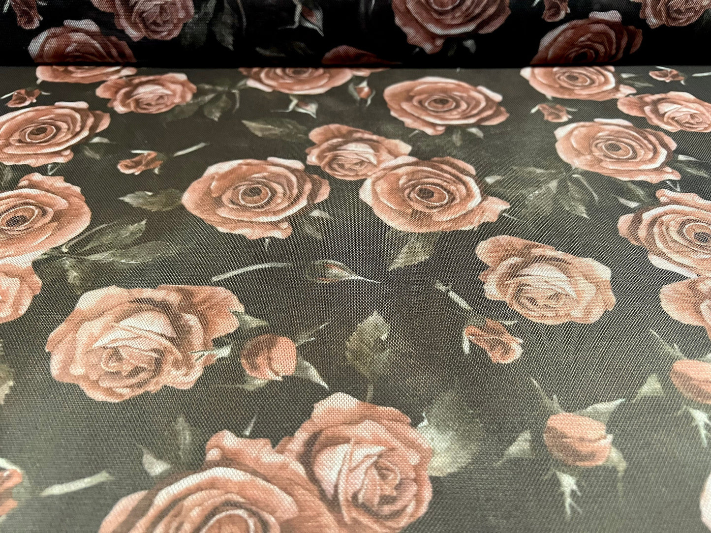 Power mesh net stretch spandex fabric, per metre - rose flower print - black & burnt coral