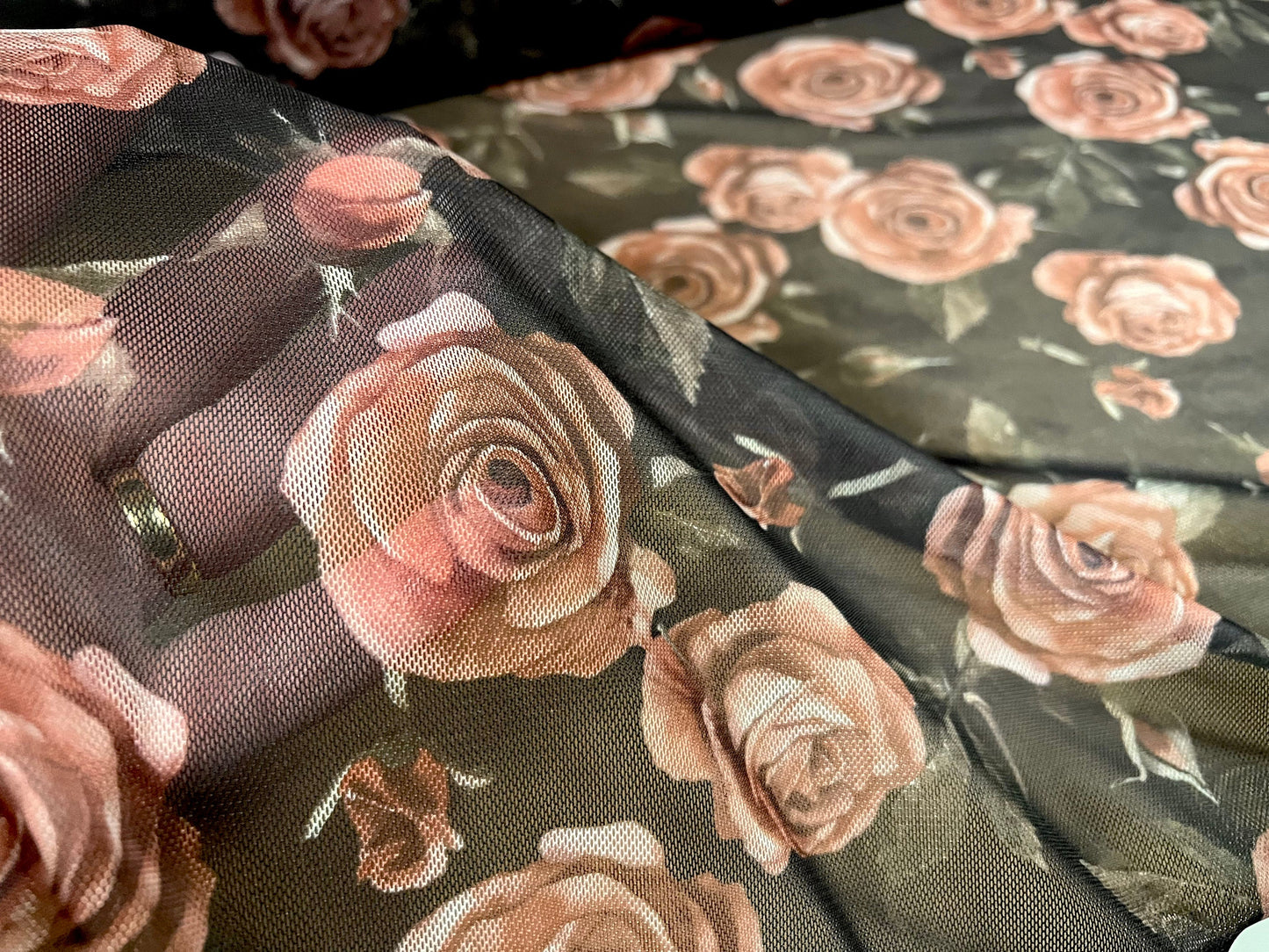 Power mesh net stretch spandex fabric, per metre - rose flower print - black & burnt coral