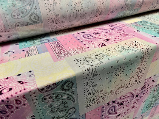 Power mesh net stretch spandex fabric, per metre - paisley squares print - pink lilac aqua