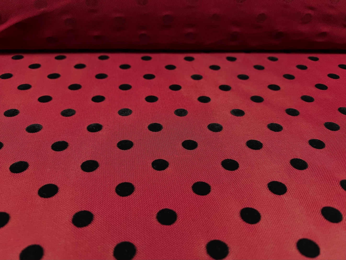 Power mesh net stretch spandex fabric, per metre - flock polka dot print - claret & black