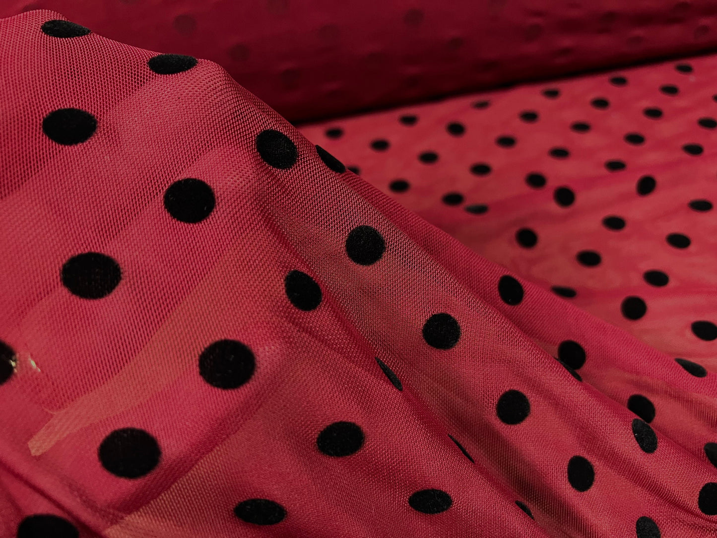 Power mesh net stretch spandex fabric, per metre - flock polka dot print - claret & black