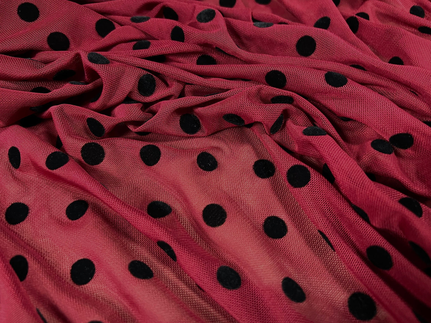 Power mesh net stretch spandex fabric, per metre - flock polka dot print - claret & black