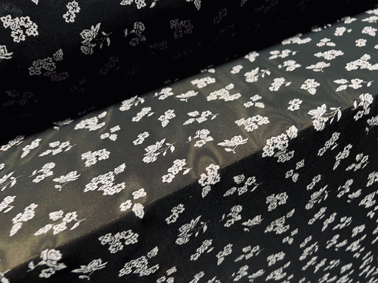 Power mesh net stretch spandex fabric, per metre - ditsy flower print - black & light grey