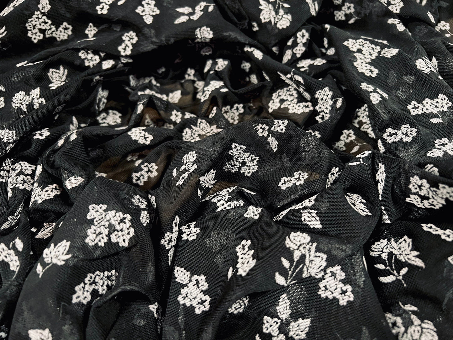 Power mesh net stretch spandex fabric, per metre - ditsy flower print - black & light grey