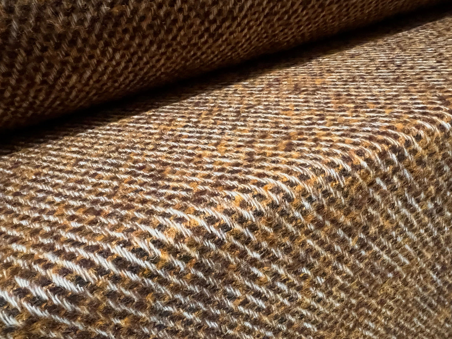 Wool blend tweed coat jacket fabric, per metre - twill design - mustard & brown