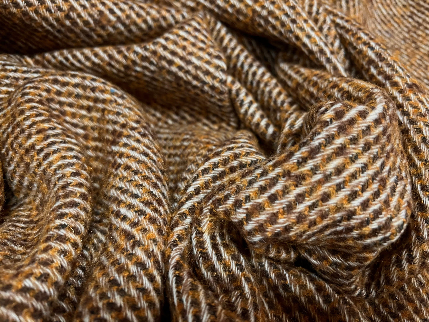 Wool blend tweed coat jacket fabric, per metre - twill design - mustard & brown