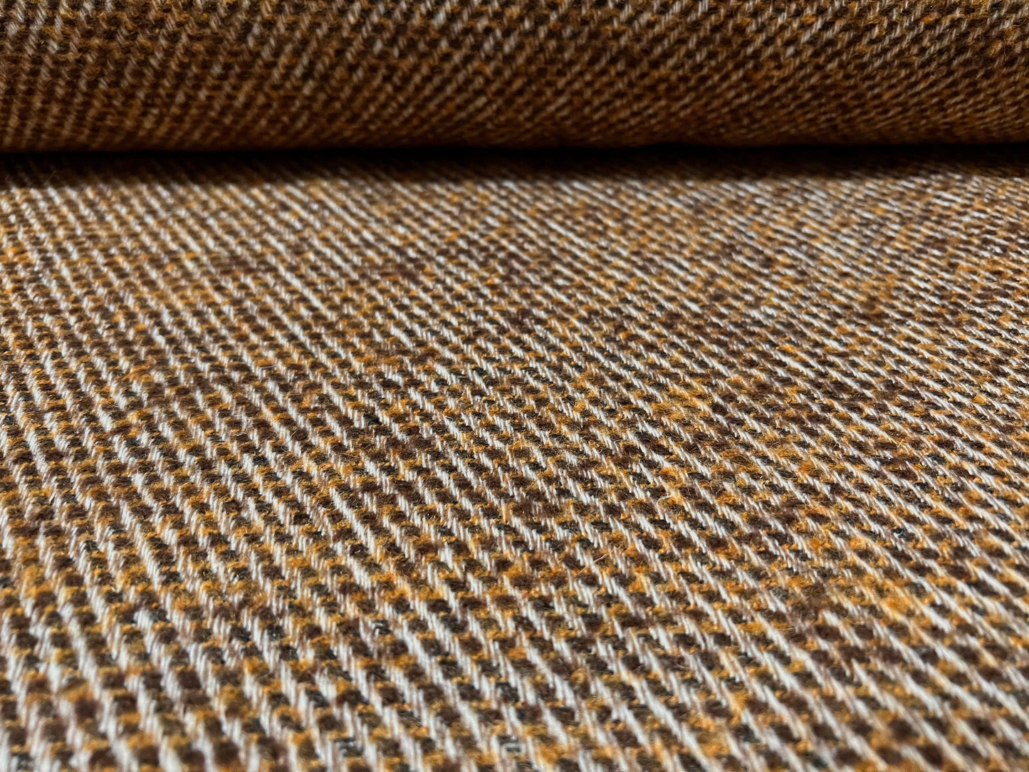 Wool blend tweed coat jacket fabric, per metre - twill design - mustard & brown