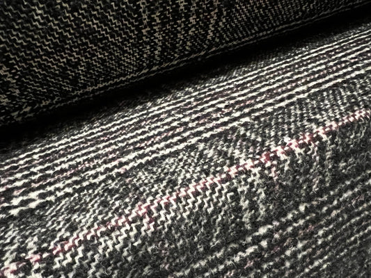 Wool blend heavyweight Bouclé fabric, per metre - Prince of Wales check design - charcoal & pink