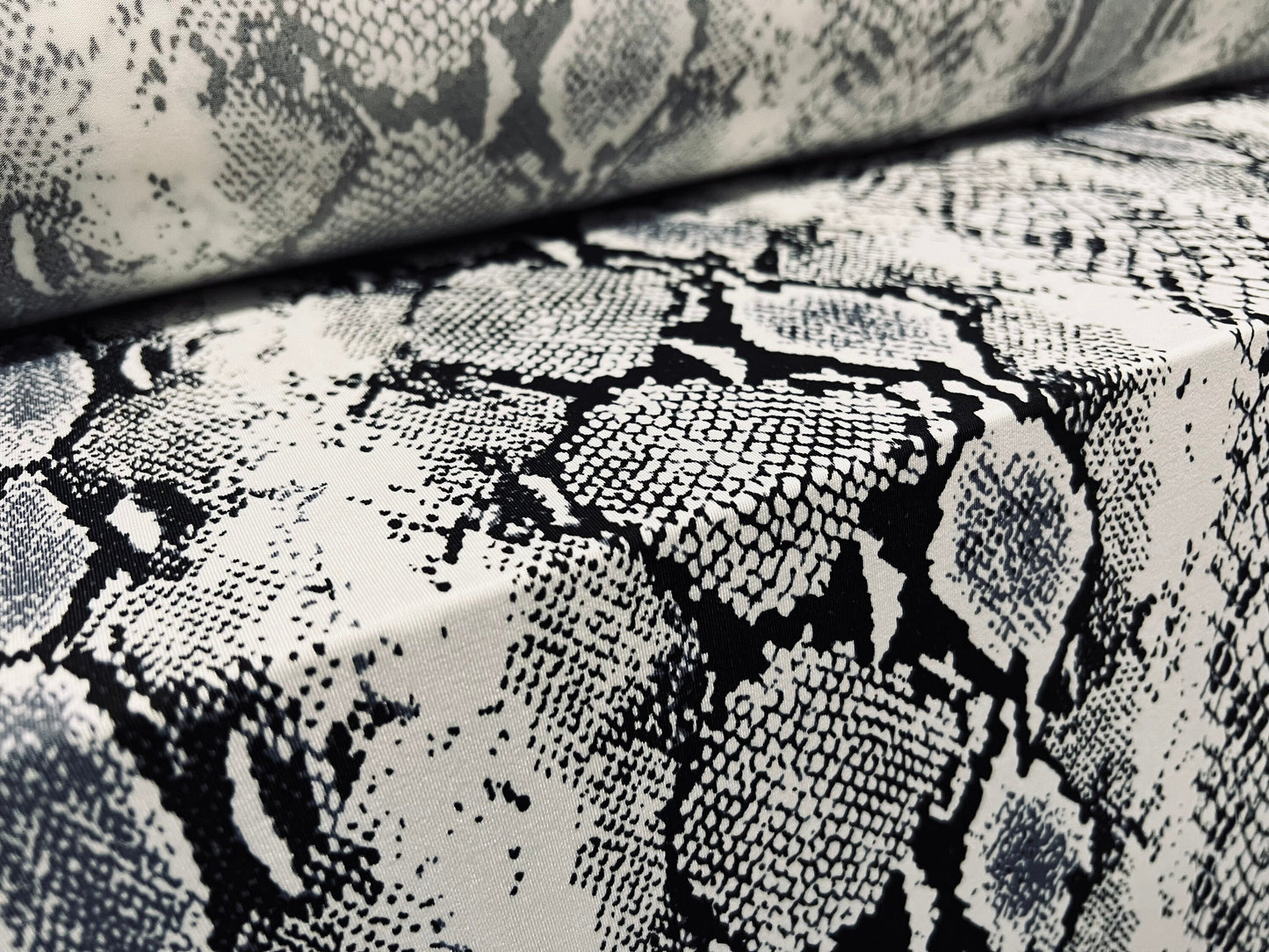 Soft touch spandex stretch single jersey fabric, per metre - snakeskin print - white grey & black