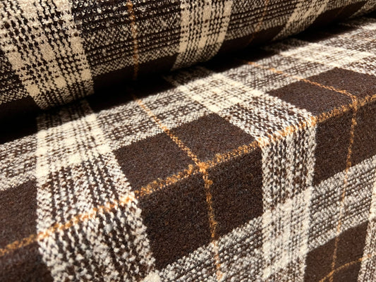 Wool blend bouclé heavyweight coat jacket fabric, per metre - check design - brown orange & cream