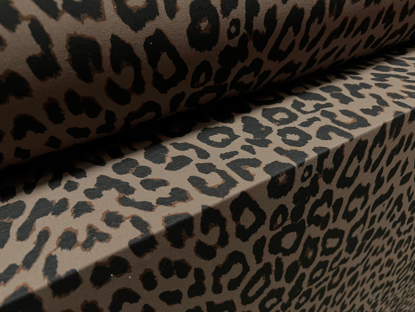 Soft touch stretch spandex jersey fabric, per metre - cheetah animal print - taupe & black