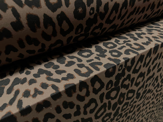 Soft touch stretch spandex jersey fabric, per metre - cheetah animal print - taupe & black