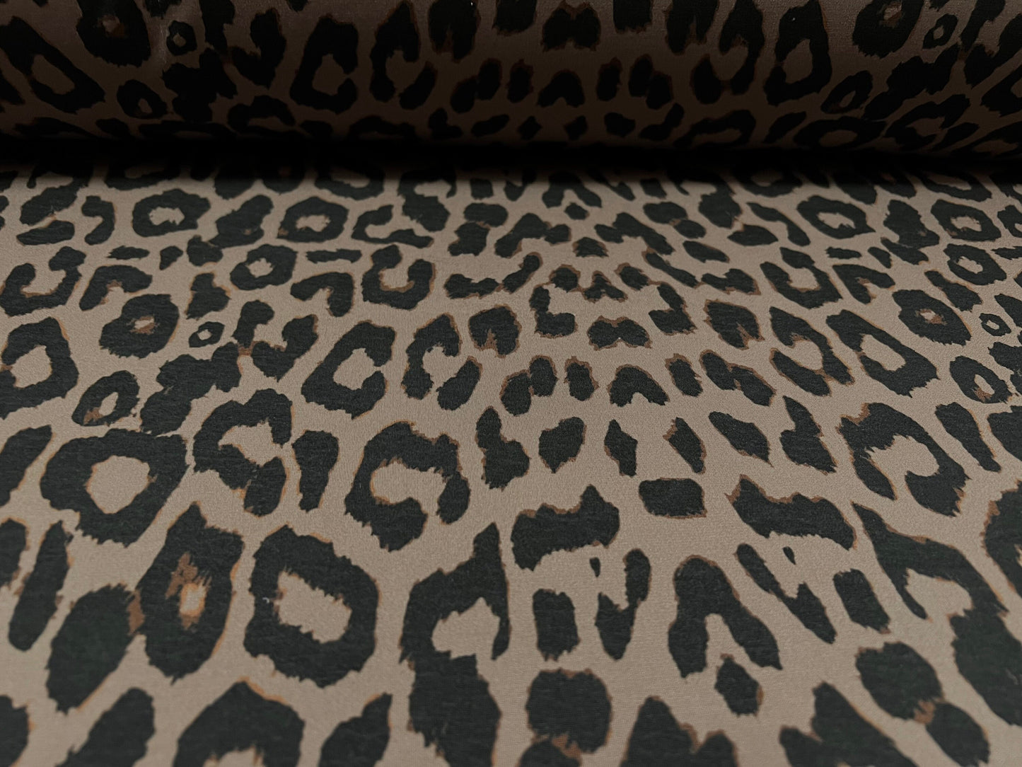 Soft touch stretch spandex jersey fabric, per metre - cheetah animal print - taupe & black