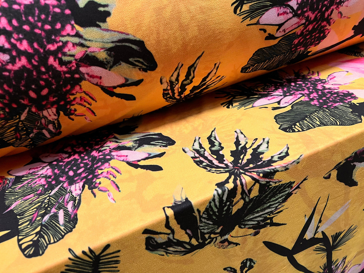 Valentino scuba style stretch jersey fabric, per metre - orchid flower print - gold