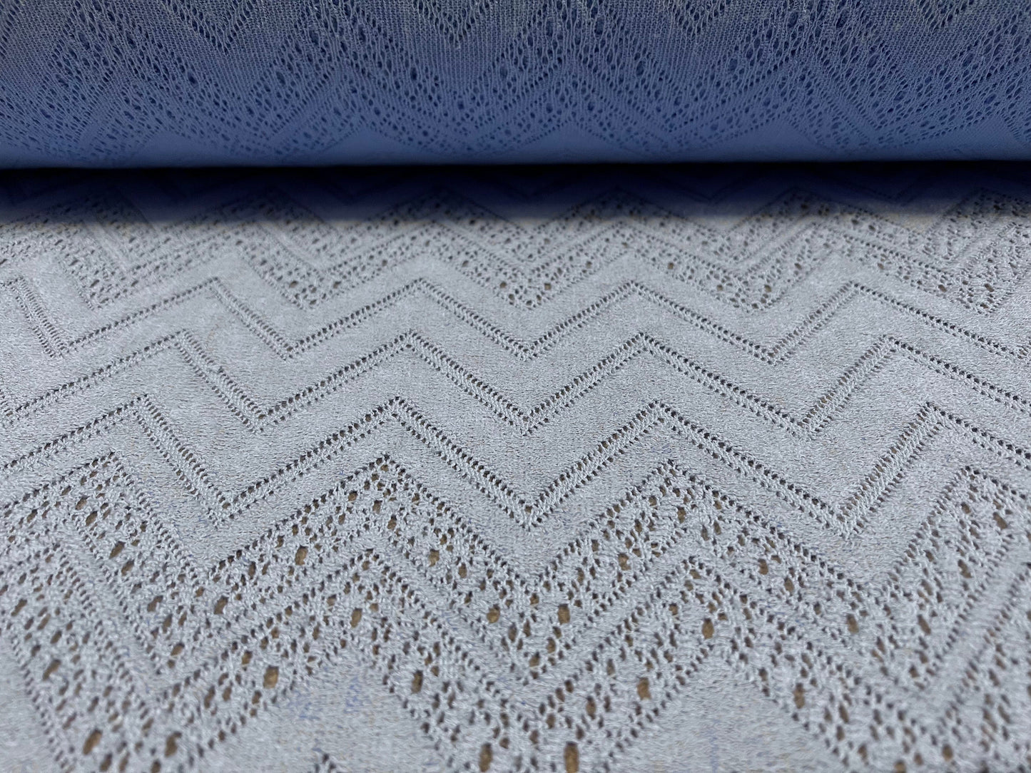 Wool blend crochet knit jersey fabric, per metre - chevron design - baby blue