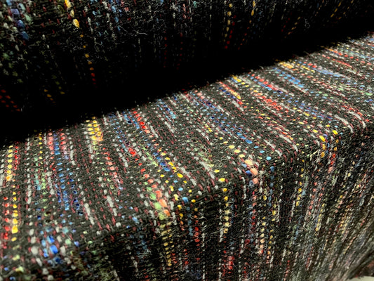 Wool blend bouclé fabric, per metre - black with multicolour slub design