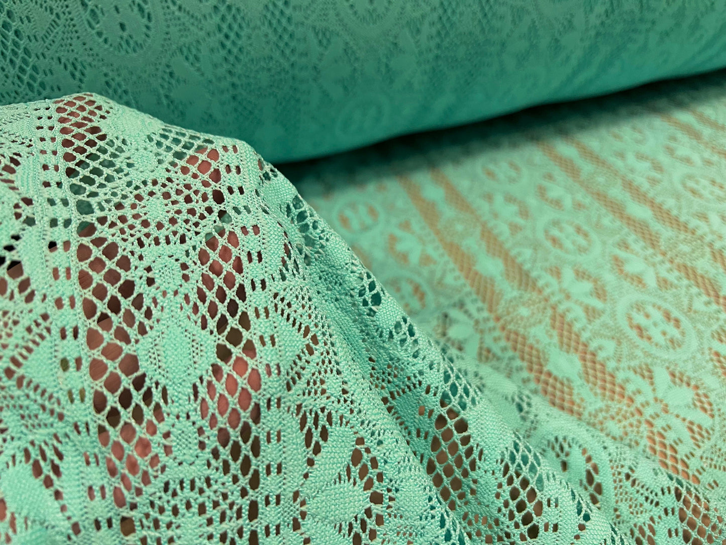 Soft handle crochet lace knit fabric, per metre - mint green