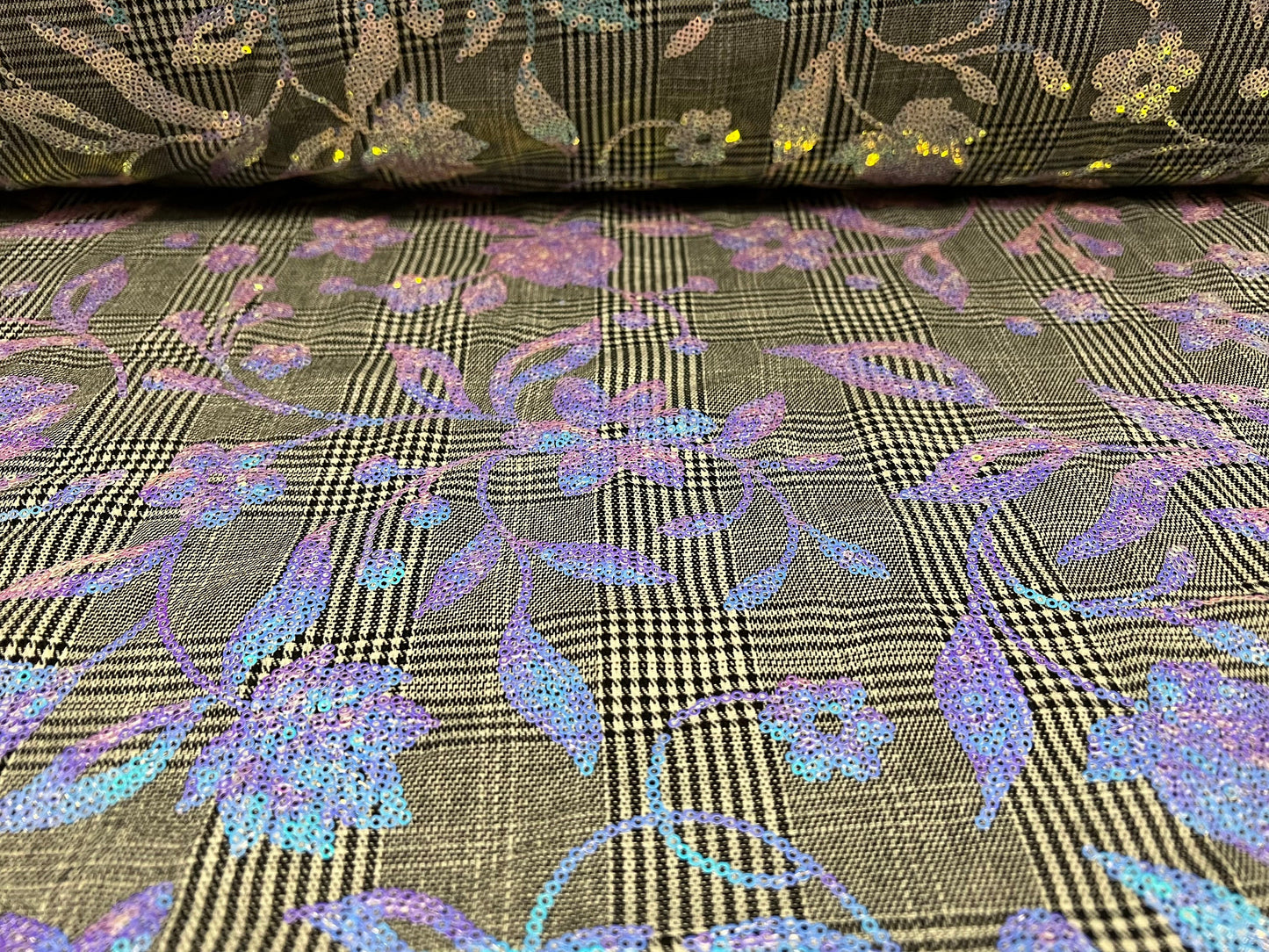 Cotton rich woven dress fabric, per metre - Prince of Wales check with 2 tone sequin floral design - lilac