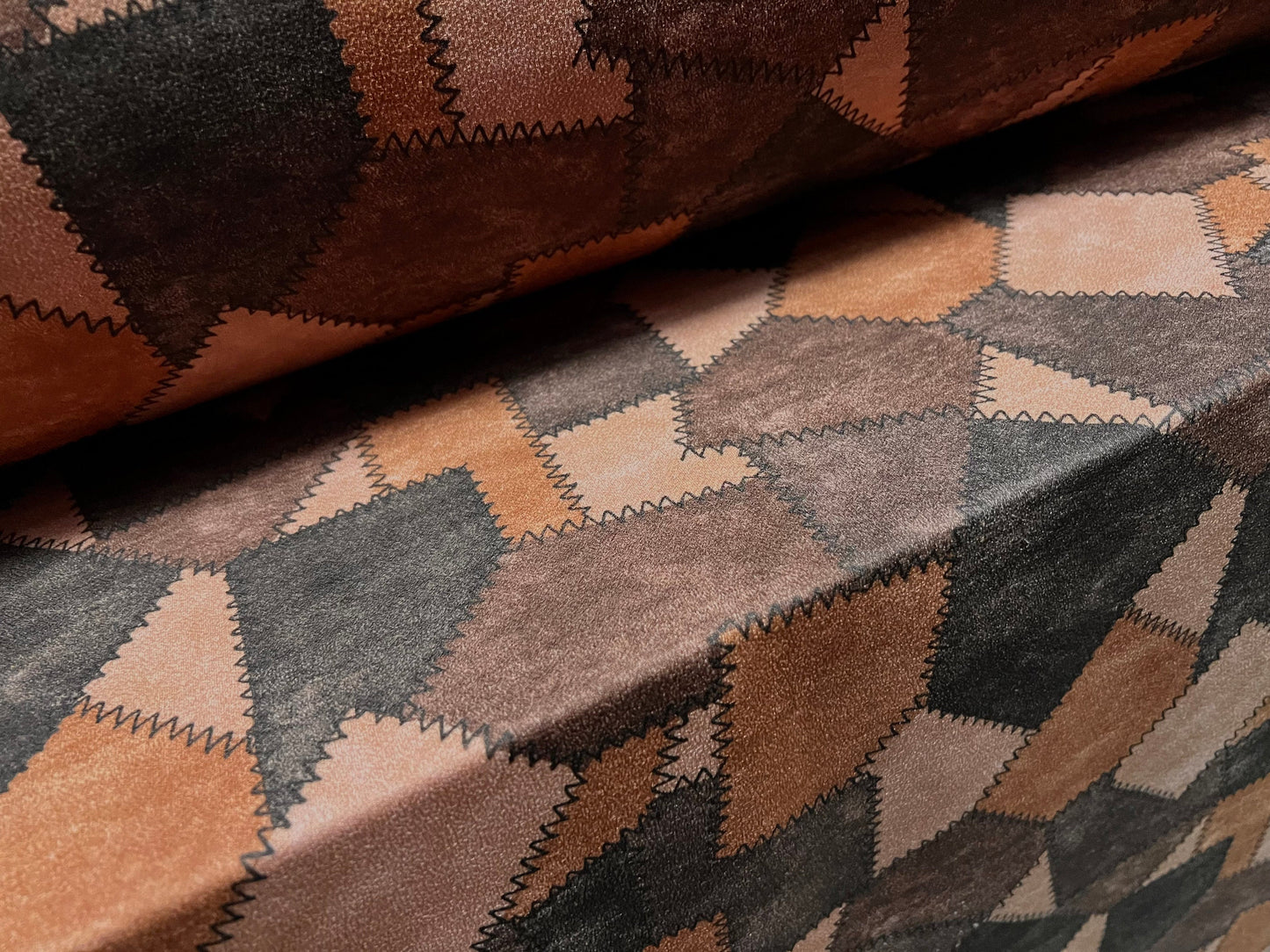 Scuba crepe fabric stretch spandex jersey, per metre - patchwork print - brown & peach